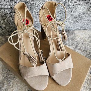 Light Pink Suede Lace Up Tassel Block Heel Sandals